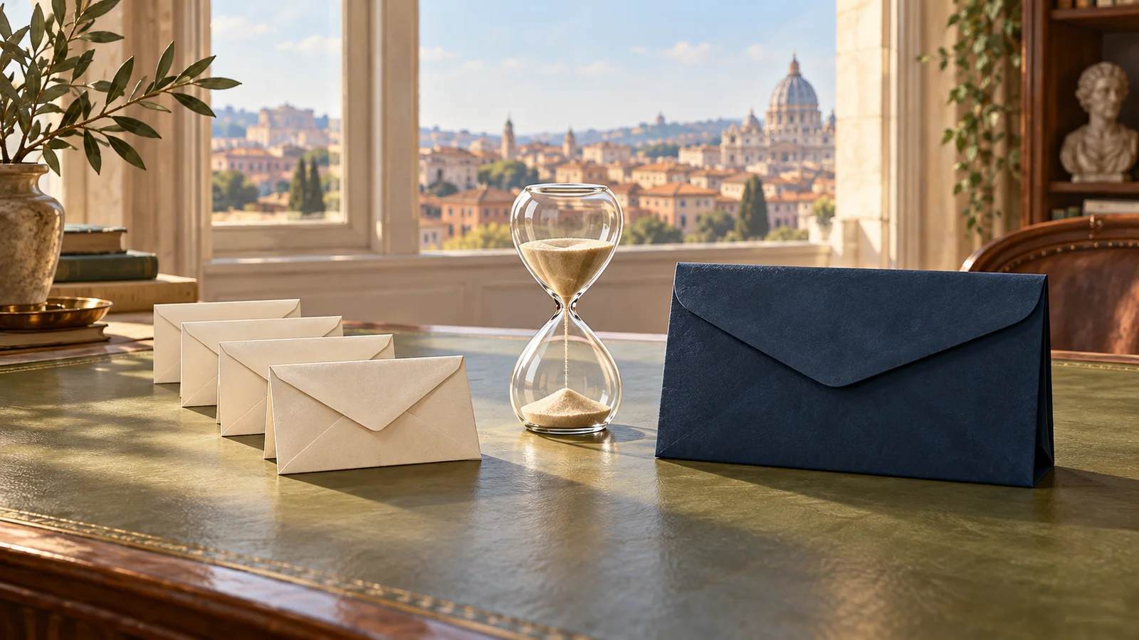Illustrazione con piccole buste avorio in fila, una busta blu più grande e una clessidra su una scrivania, con tetti e una cupola di Roma sullo sfondo.
