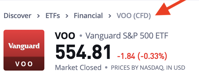 Esempio di ETF venduto come CFD: Vanguard S&P 500 ETF VOO