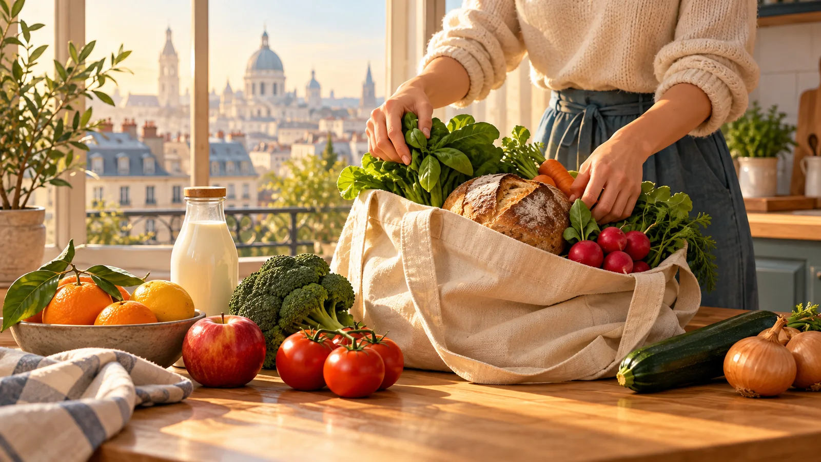Illustrazione di una donna che sistema pane e verdure in una borsa di stoffa, con latte e frutta su un tavolo e una città europea sullo sfondo.