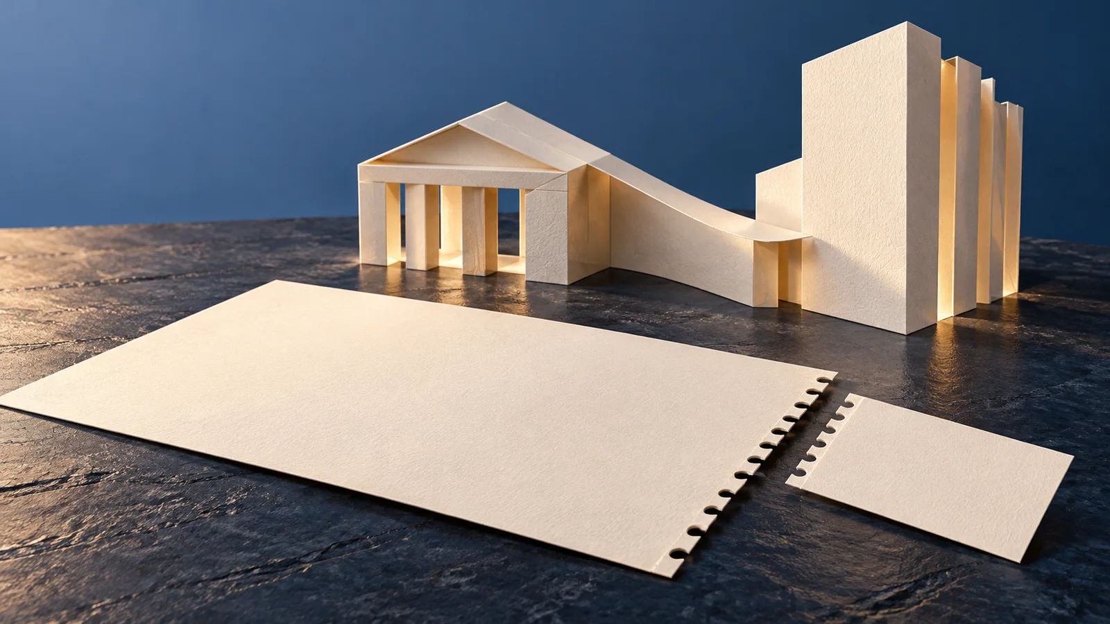 Illustrazione di un foglio con tagliando staccato, davanti a edifici geometrici di carta su una superficie blu scuro.